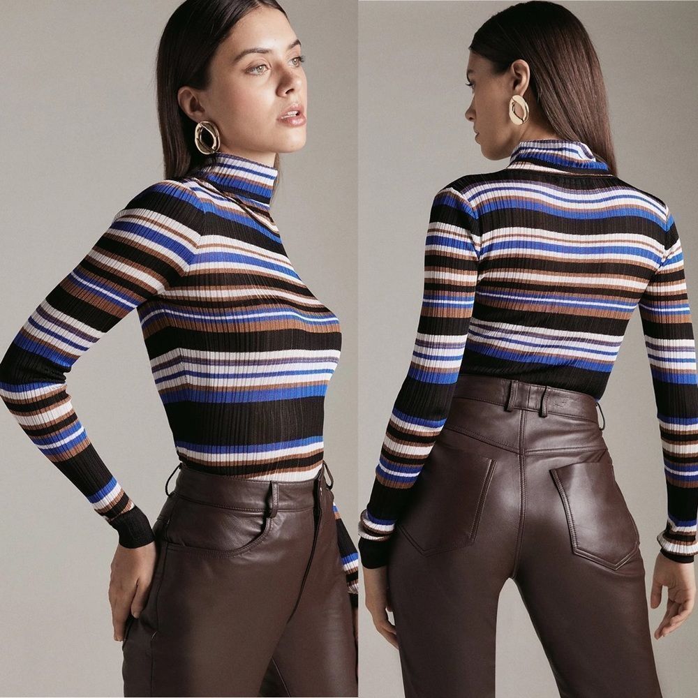 NWOT Karen Millen Multi Striped Knitted Turtleneck Sweater size S